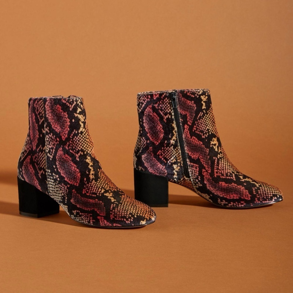 Anthropologie Snakeskin Velvet Ankle Boots Size 6